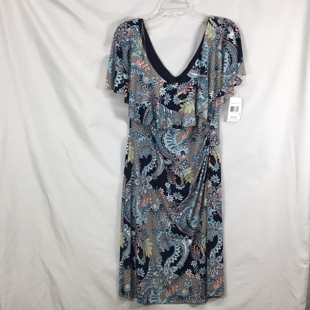 Connected Apparel Navy Turquoise Midi Flowy Dress Size 12 NEW With Tags